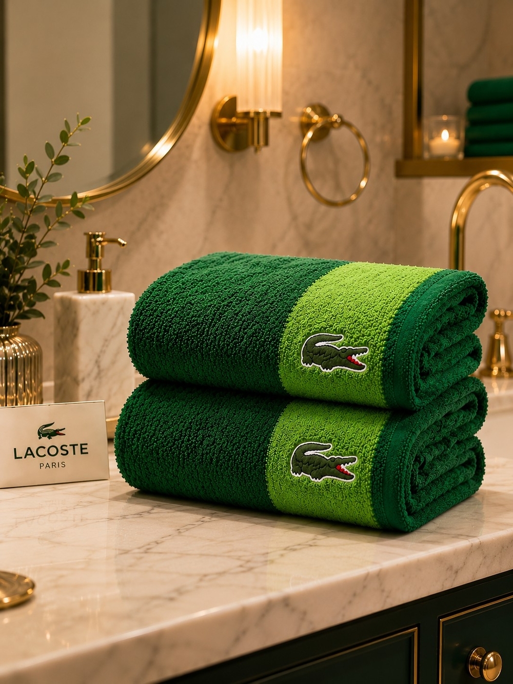 Lacoste Set of 2 Green Bath Towels 100% Cotton Crocodile Logo NWT